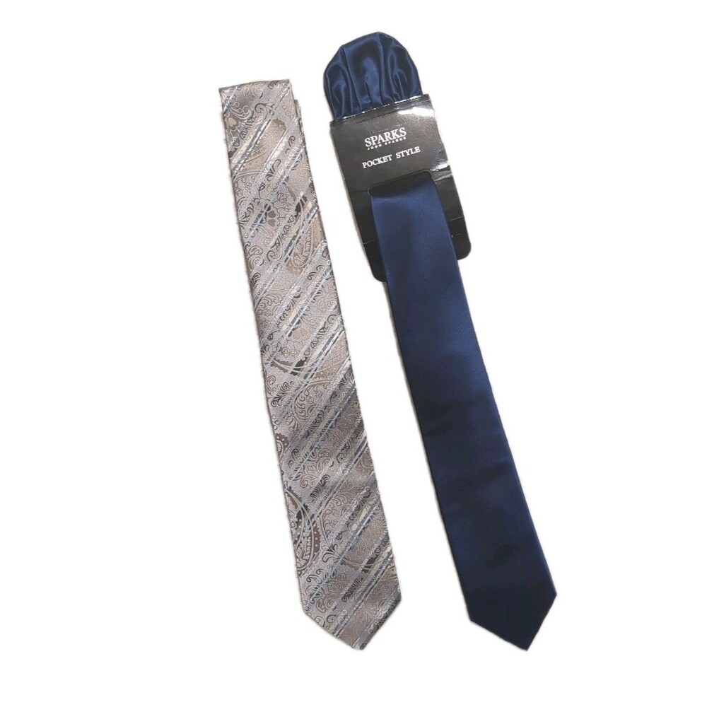 TWO John Sparks Classic Necktie Bundle LOT Pasiley Striped Navy Blue & Gray